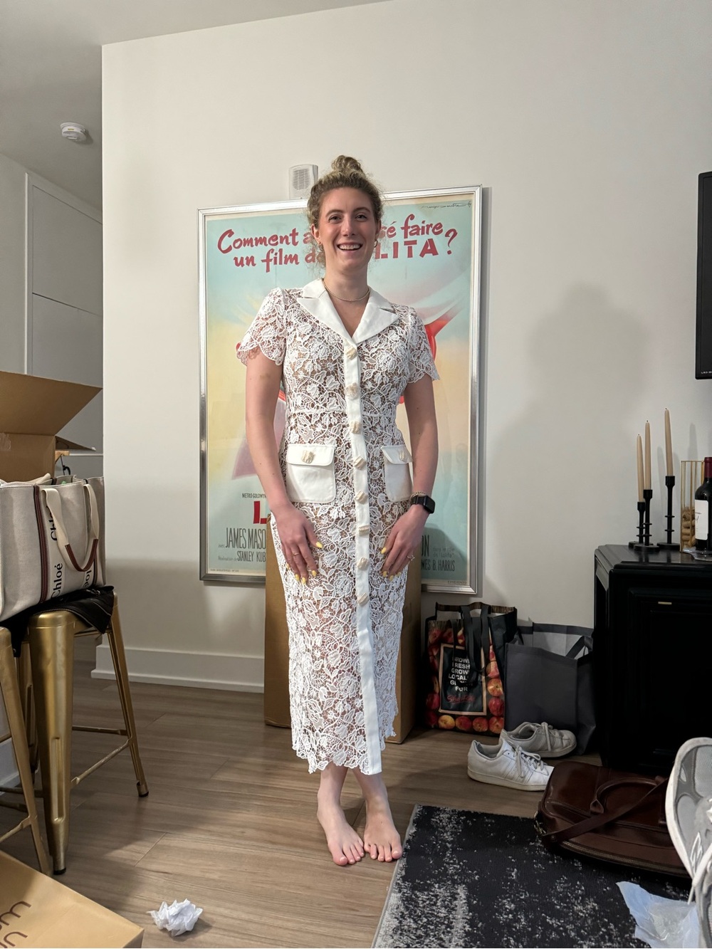 Self-Portrait White Lace Midi Dress with Button Front